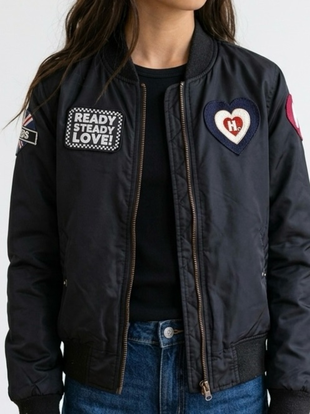 Vintage Women’s Harajuku Lovers Gwen Black Bomber Jacket with Heart Patch Y2K